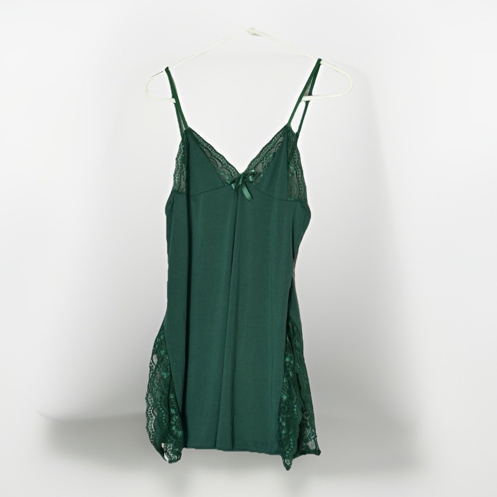 VTG 80s Green Lace Trim Mini Slip Dress Coquette‎ Lingerie Core Spaghetti Strap